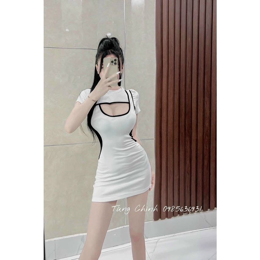 Đầm viền màu tay ngắn khoét ngực ôm body cực sexy , chất thun gân dày dặn