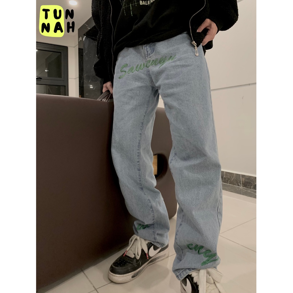 Quần Jeans nam nữ dáng suông ống rộng cao cấp thêu họa tiết chữ Sawenyu phong cách Ulzzang Streetwear nam nữ dễ phối đồ | BigBuy360 - bigbuy360.vn