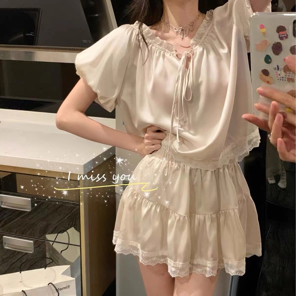 【Chất Lượng Cao】Bộ Đồ Ngủ Pijama Tay Ngắn Bằng Lụa Băng Phối Ren Dành Cho Nữ