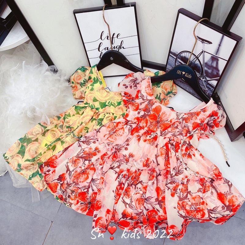 Váy hoa hồng tơ von cao cấp mềm mát cho bé9-23 kg