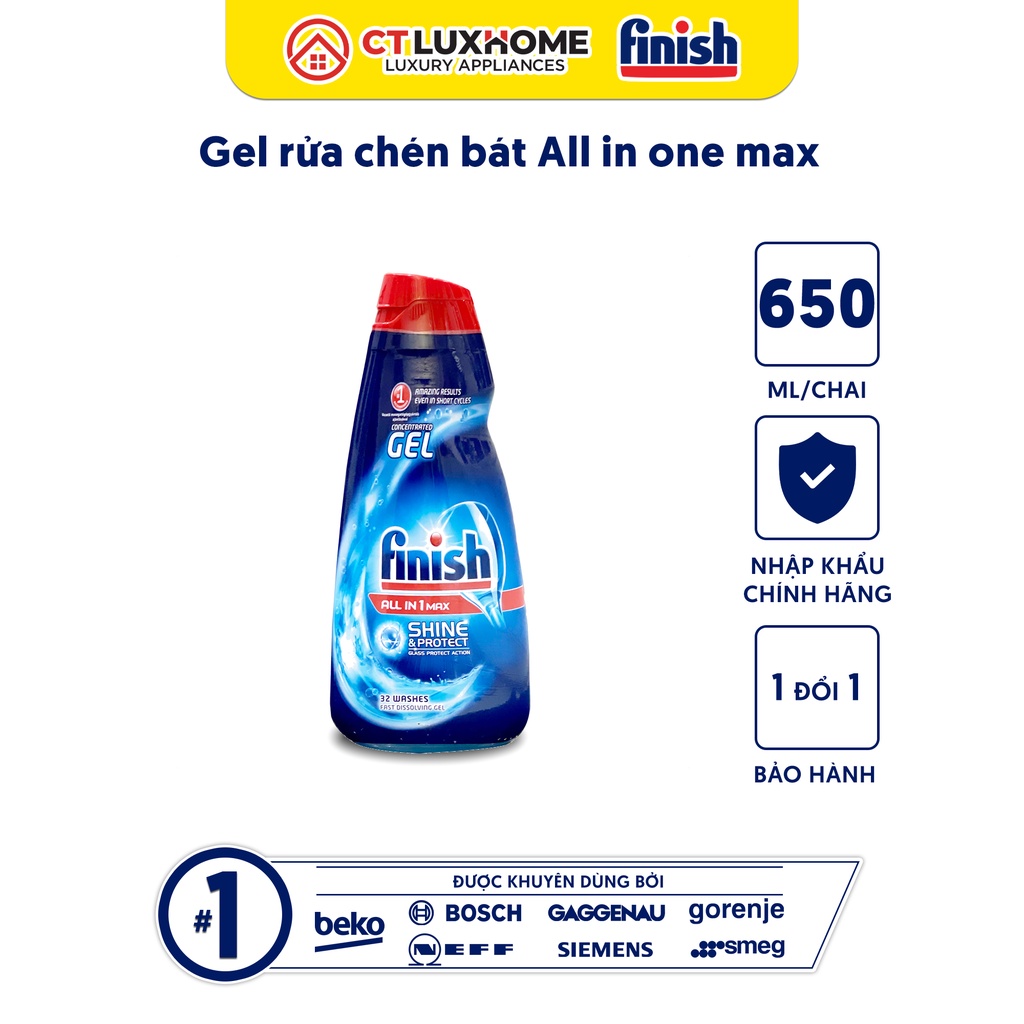 Gel rửa chén bát Finish All In One Max 650ml Shine & Protect  dùng cho máy rửa bát - Hàng chính hãng
