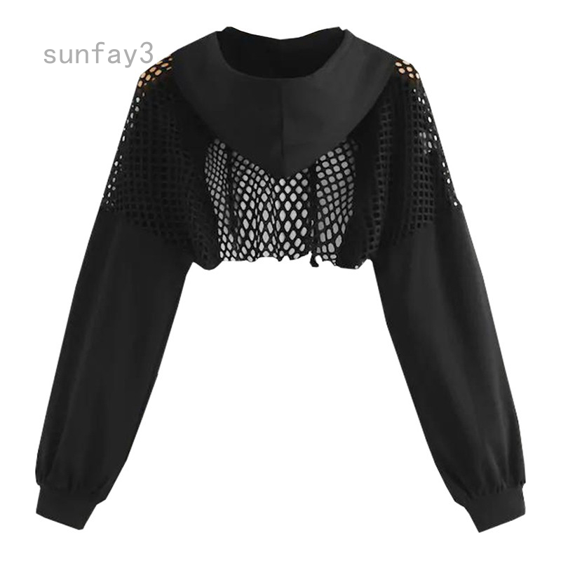 sunfay3 Áo Croptop Tay Dài Phối Lưới Xuyên Thấu Quyến Rũ