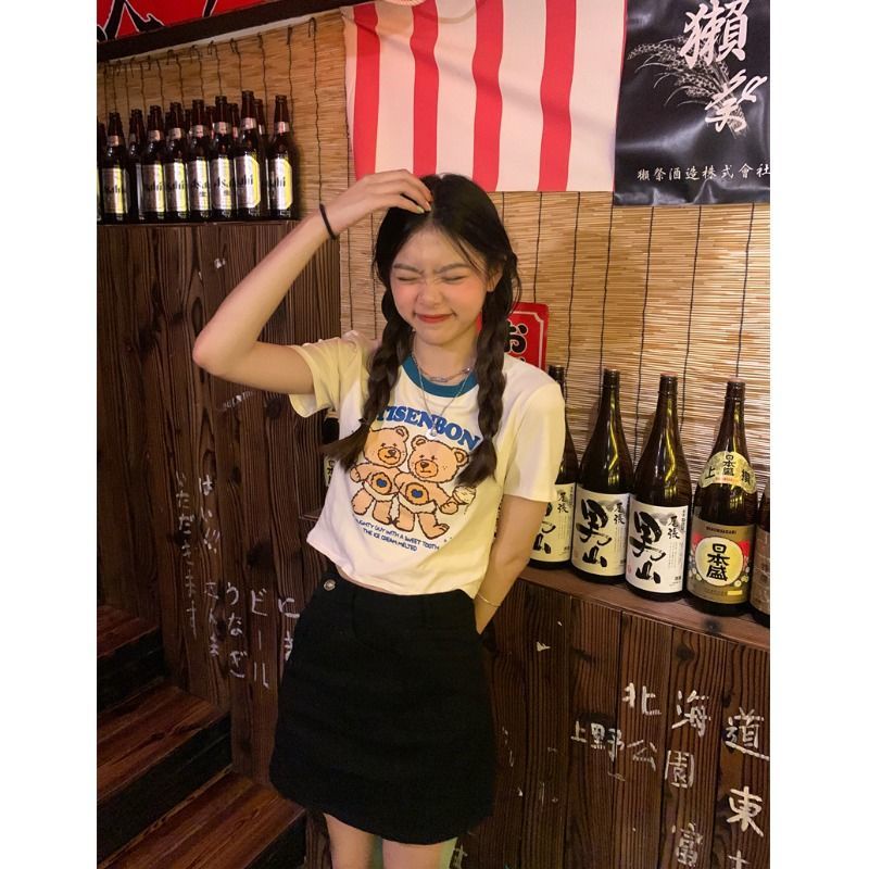 Áo Thun Crop Top Tay Ngắn Vải Cotton In Hình Gấu Thời Trang 2022 Cho Nữ