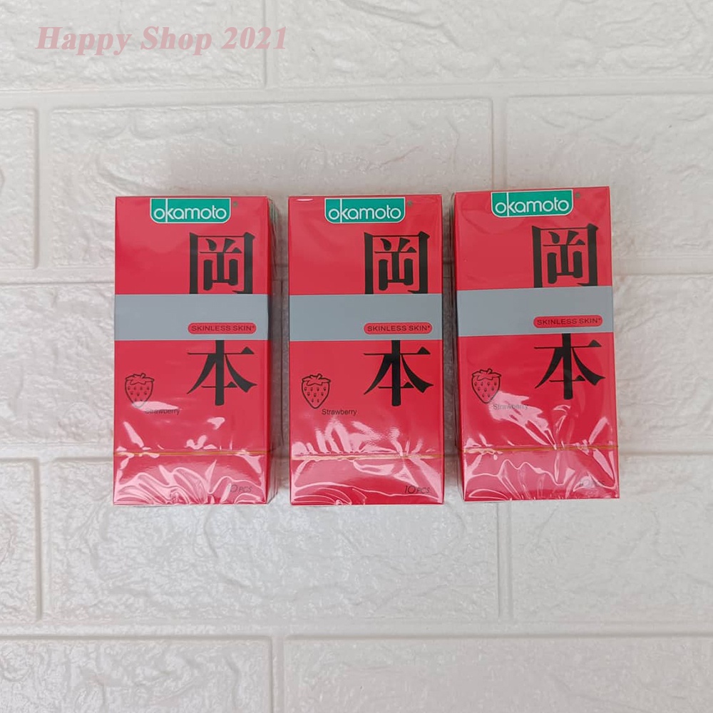 Bao cao su Okamoto Skinless Skin Strawberry hương dâu siêu mỏng hộp 10 bao