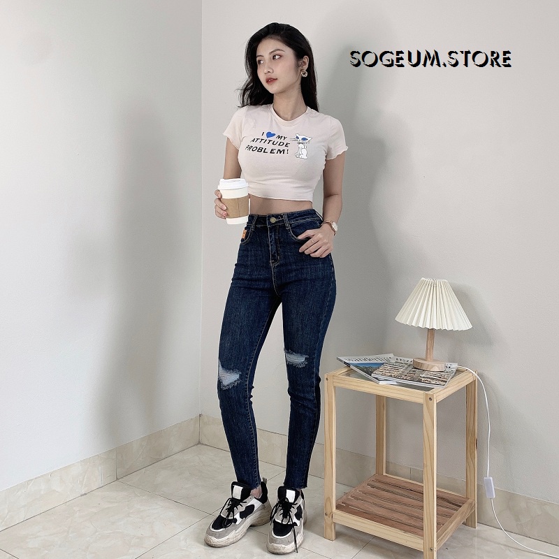 Quần skinny Jean rách gối cá tính co giãn, Quần bò nữ cạp cao tua gấu 693 sogeum.store
