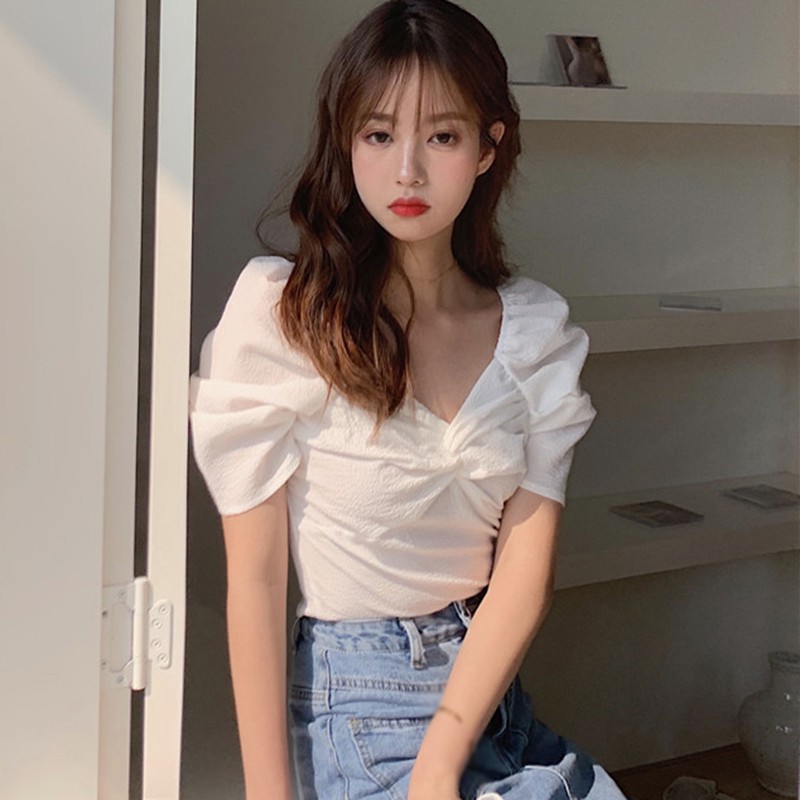 Áo Kiểu Tay Ngắn Cổ Chữ V Màu Trơn Thiết Kế Quyến Rũ Cho Phái Nữ