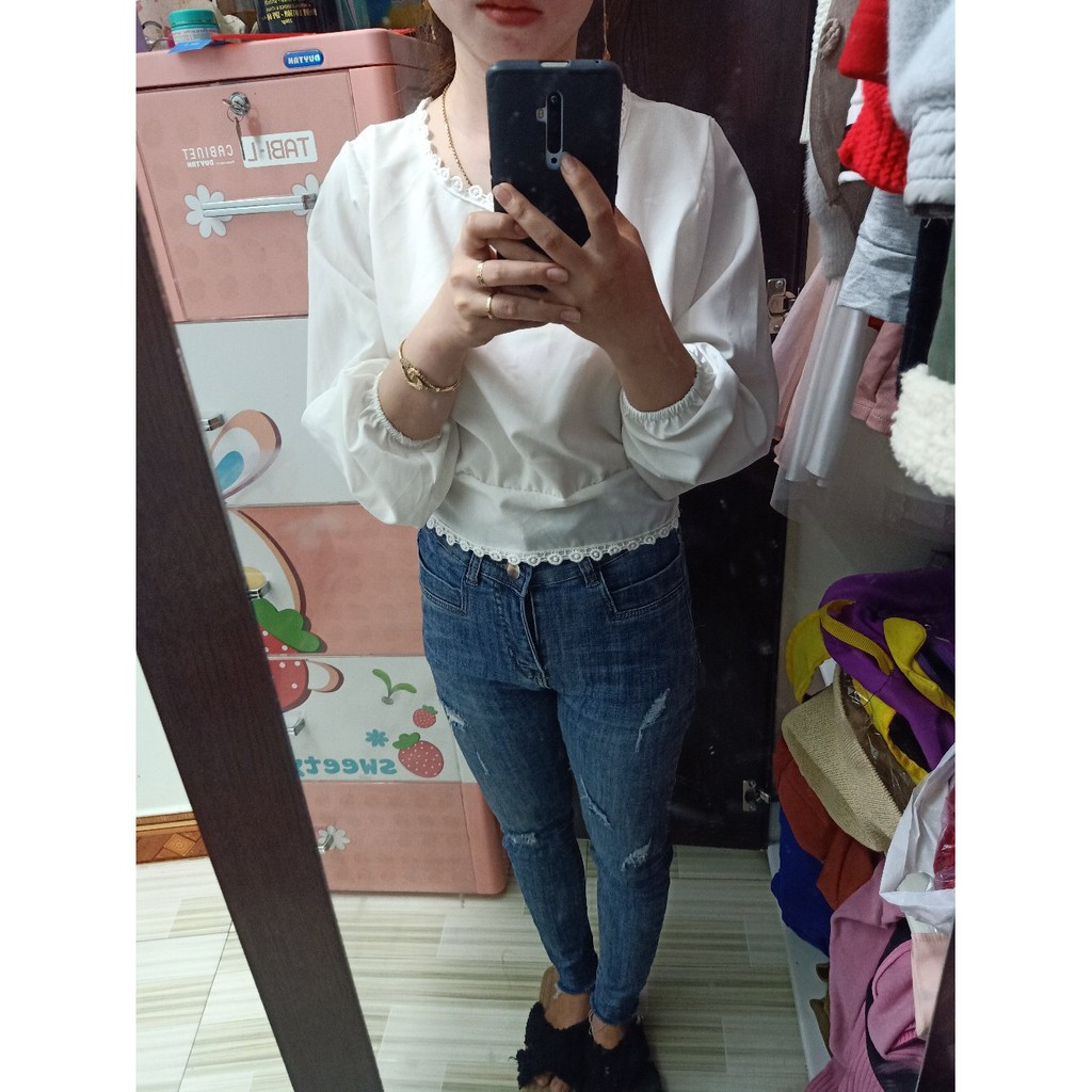 ÁO KIỂU NỮ CỘT NƠ PHỐI REN, FREE SIZE - HOT TREND | BigBuy360 - bigbuy360.vn