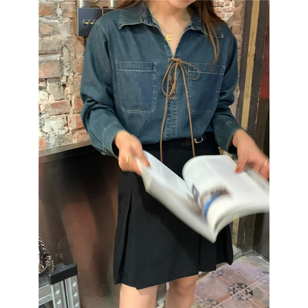 Áo Sơ Mi denim Dài Tay Trơn Màu Cột Dây 67682