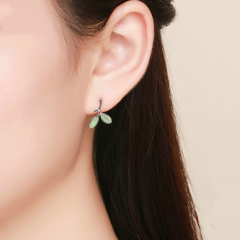 Bông tai lá mầm xanh bạc ý S925 thời trang Hàn cực xinh, giá rẻ - HT214