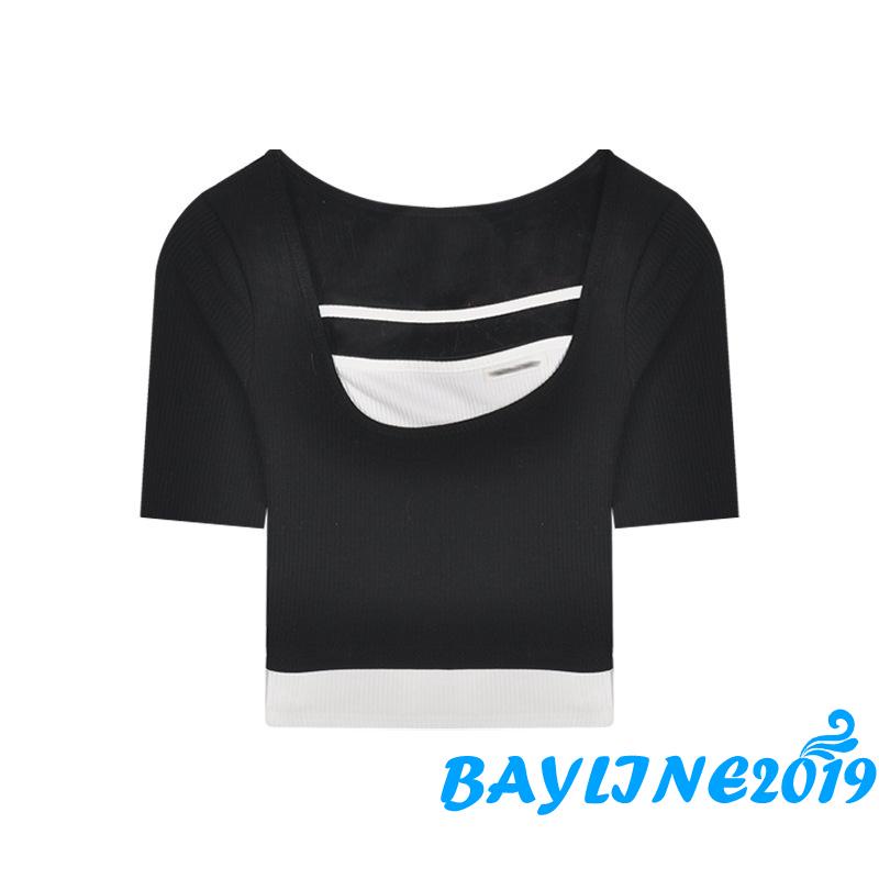 Áo Thun Lửng Tay Ngắn Cổ Chữ U Màu Trắng / Đen Cho Nữ