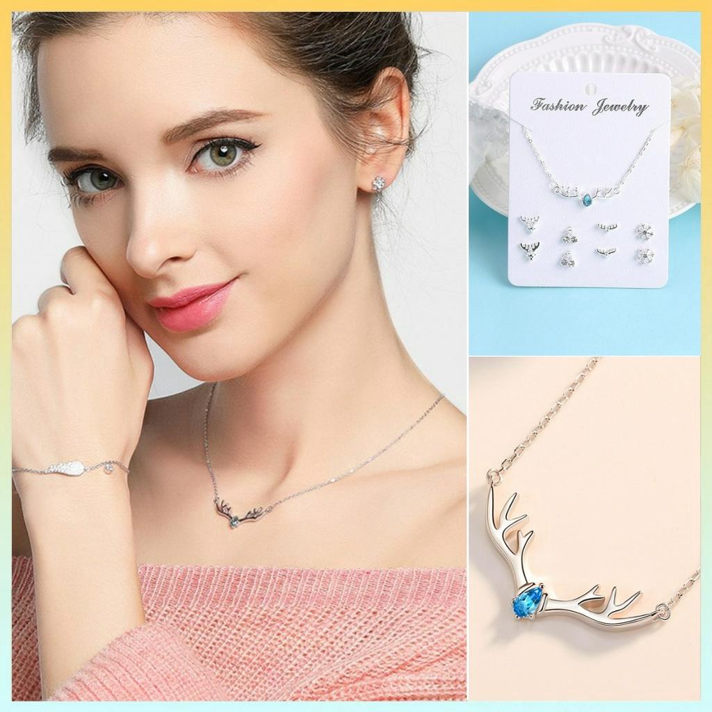 [L2M] SET 5 MÓN gồm dây chuyền mặt SỪNG HƯƠU và 4 cặp bông tai thời trang phong cách Hàn Quốc sang trọng