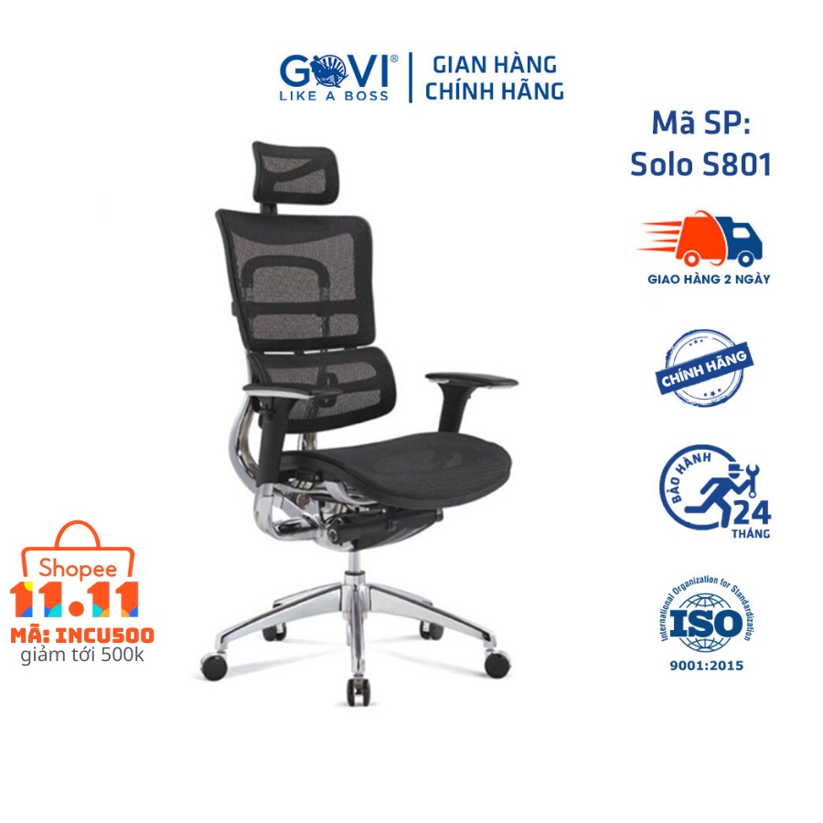 Ghế công thái học GOVI Ergonomic Solo S801 - Tựa đầu tựa tay điều chỉnh, chân hợp kim, ngả lưng khóa đồng bộ 90-135 độ