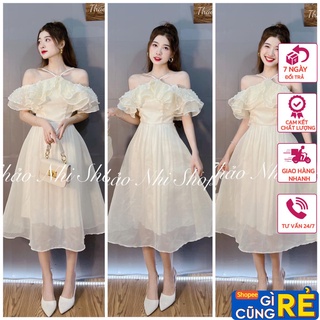 Đầm maxi yếm bánh bèo trễ vai chất tơ nhũ màu kem dự tiệc sinh nhật cực xinh