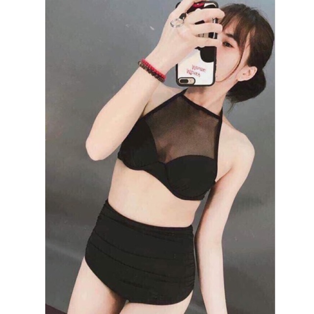 Bikini đi biển chấm bi áo ngực mút dày phối lưới- đồ bơi nữ mút dày nâng ngực quần cạp cao- shopnabi