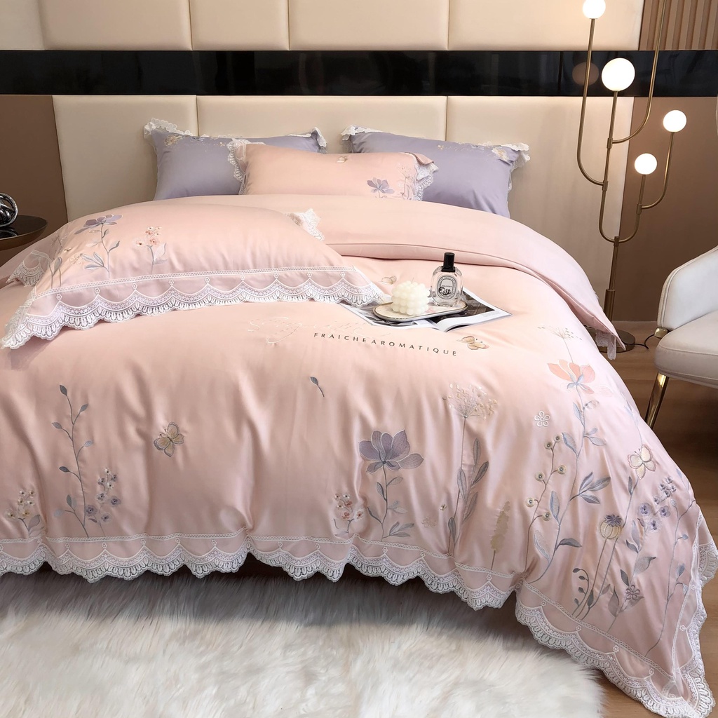 Bộ Chăn Ga Gối Lụa Silk Thuê Họa Tiết Hoa Nhập Cao Cấp  4 Món - Meo Meo Bedding
