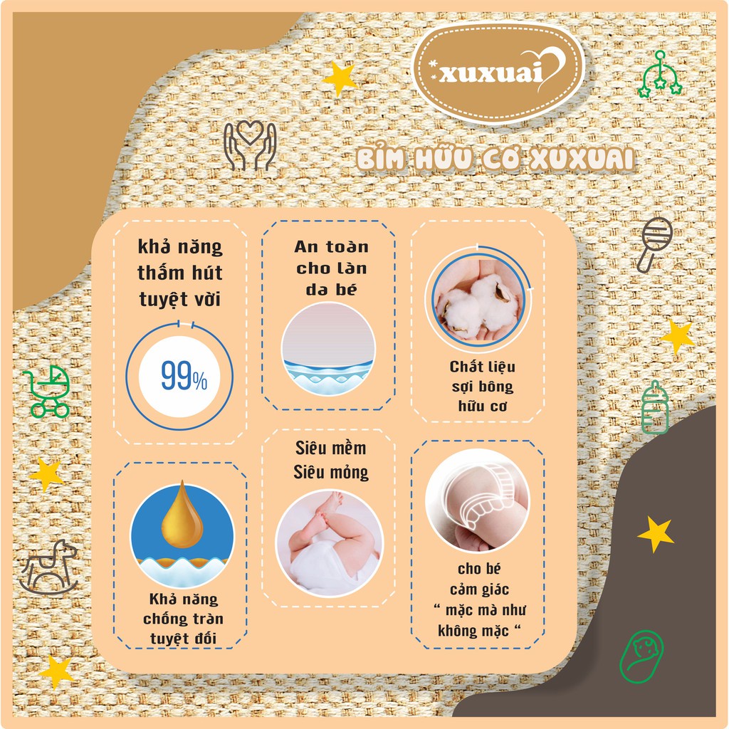 Bỉm XUXUAI Hữu cơ cao cấp nội địa Trung quần, dán size S68/M60/M50/L48/XL44/XXL42