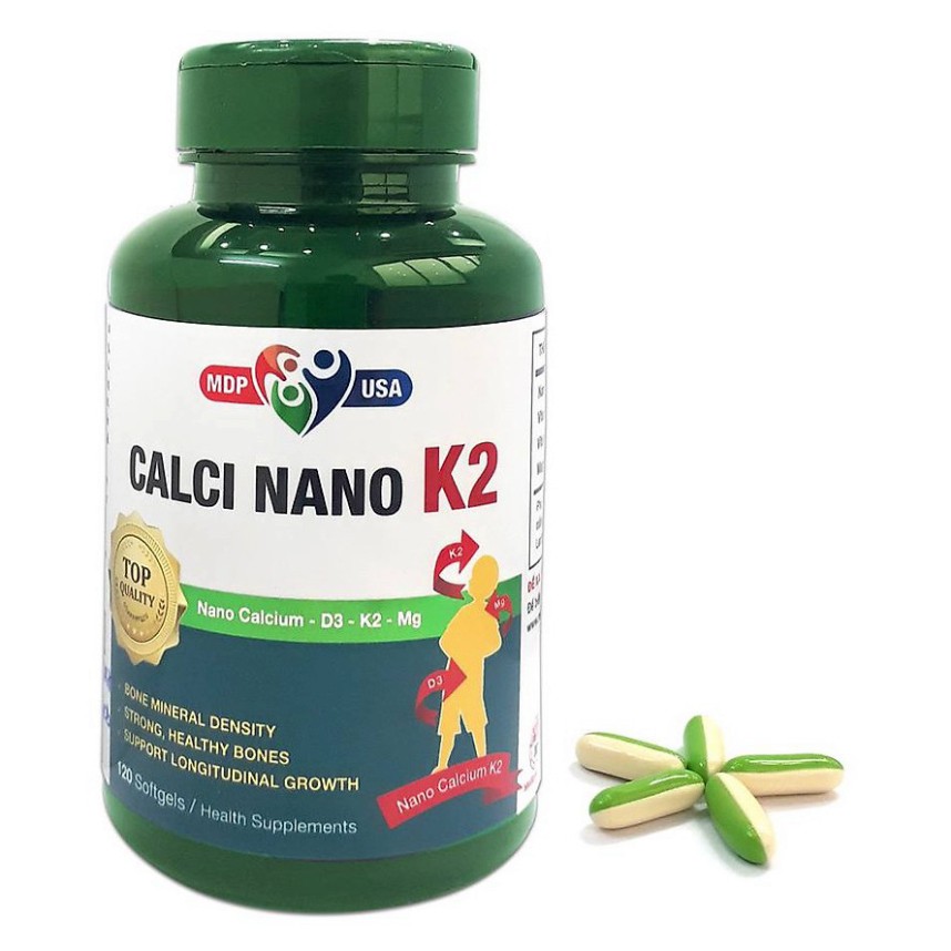 Calci Nano K2 Softgels- Bổ sung canxi, vitamin D, K2 cho bà bầu và phát triển chiều cao cho trẻ (Hộp 120 viên)