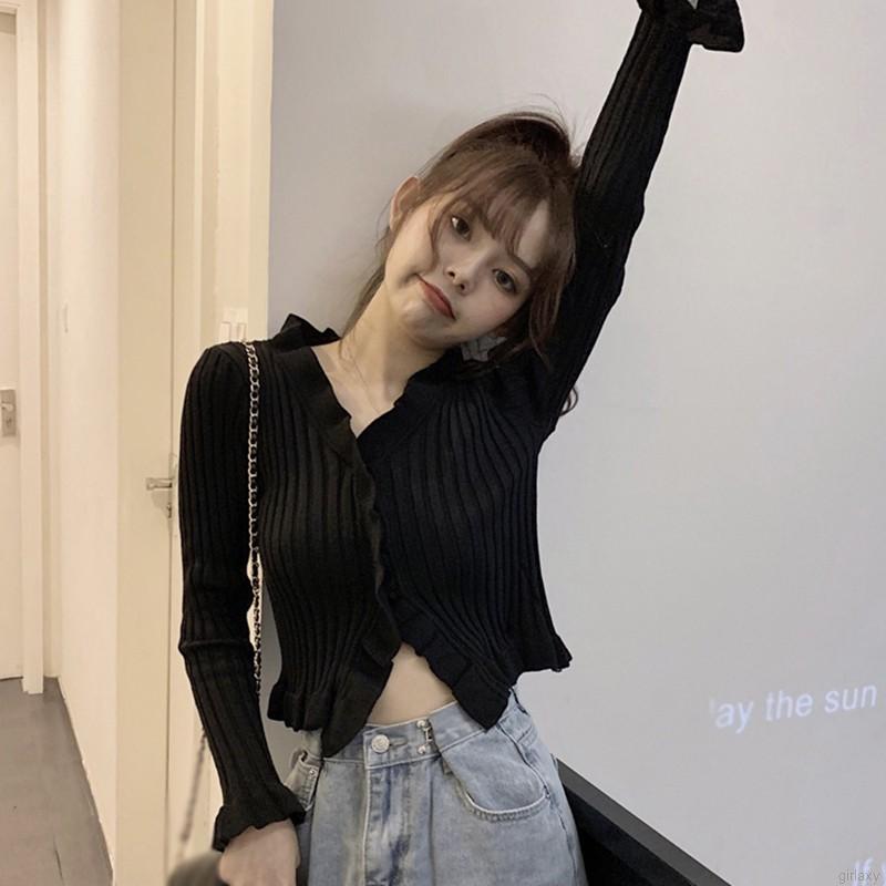 Áo croptop tay dài cổ chữ V gợi cảm dành cho nữ | BigBuy360 - bigbuy360.vn