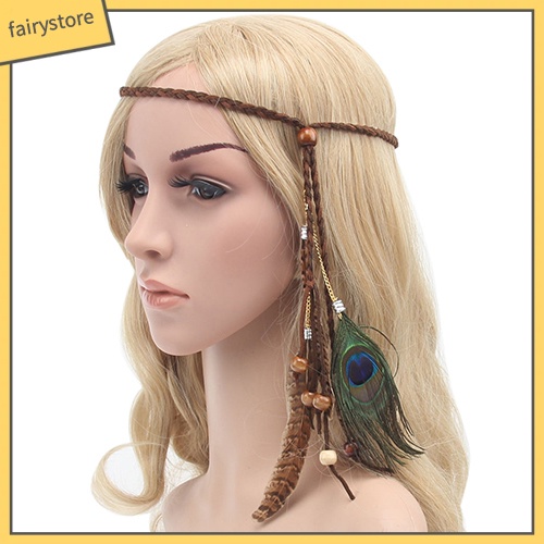 Băng đô cài tóc bện dây phối lông vũ và hạt phong cách boho cho nữ