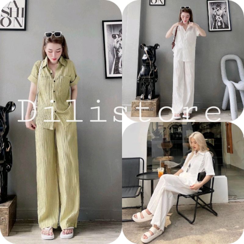 Bộ Áo Sơ Mi Quần Culottes Nữ Vải Xốp Gân 🦋 Set Áo Somi Cộc Tay Kèm Quần Ống Rộng 2 Màu 🦋