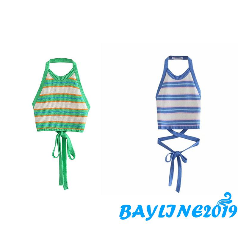 Áo Lửng Nữ Không Tay Họa Tiết Sọc Ngang Thời Trang Quyến Rũ