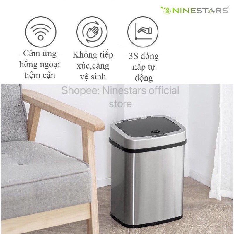 Thùng Rác Thông Minh Ninestars Cảm Ứng Đóng Mở Tự Động Inox Cao Cấp 15L