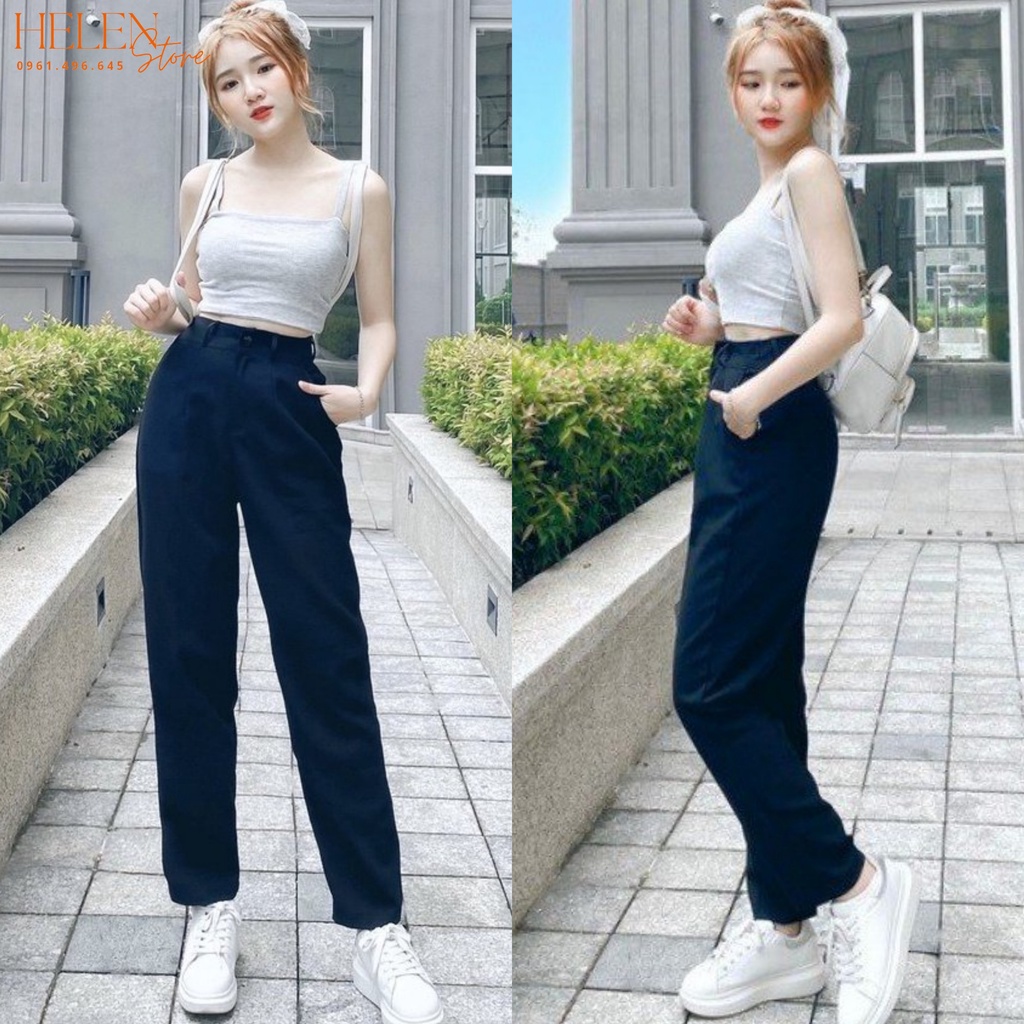 Quần tây nữ lưng cao đi học làm công sở kiểu quần baggy vải học sinh cấp 2 3 ống đứng dáng dài màu đen xanh đen vải mềm