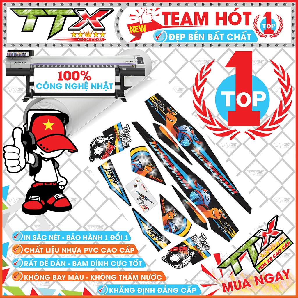 Tem chế sirius turbo , Team rời sirius dán xe màu đen viền xanh siêu đẹp , Shop TTX Tem sirius mã