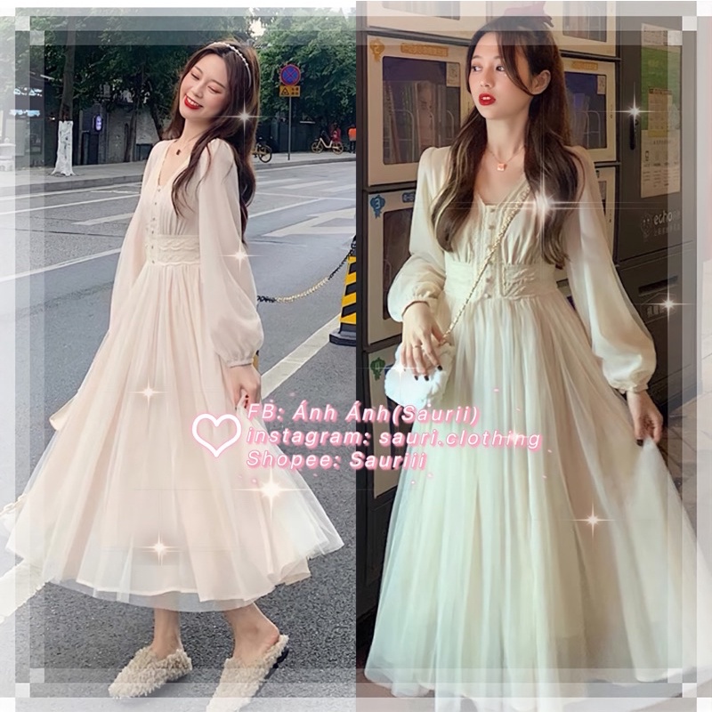 SẴN🖤Đầm trắng kem ulzzang voan 3lớp công chúa cổ tích xoè cổ ngọc/Váy tiểu thư maxi dài bánh bèo du lịch kỉ yếu prom -