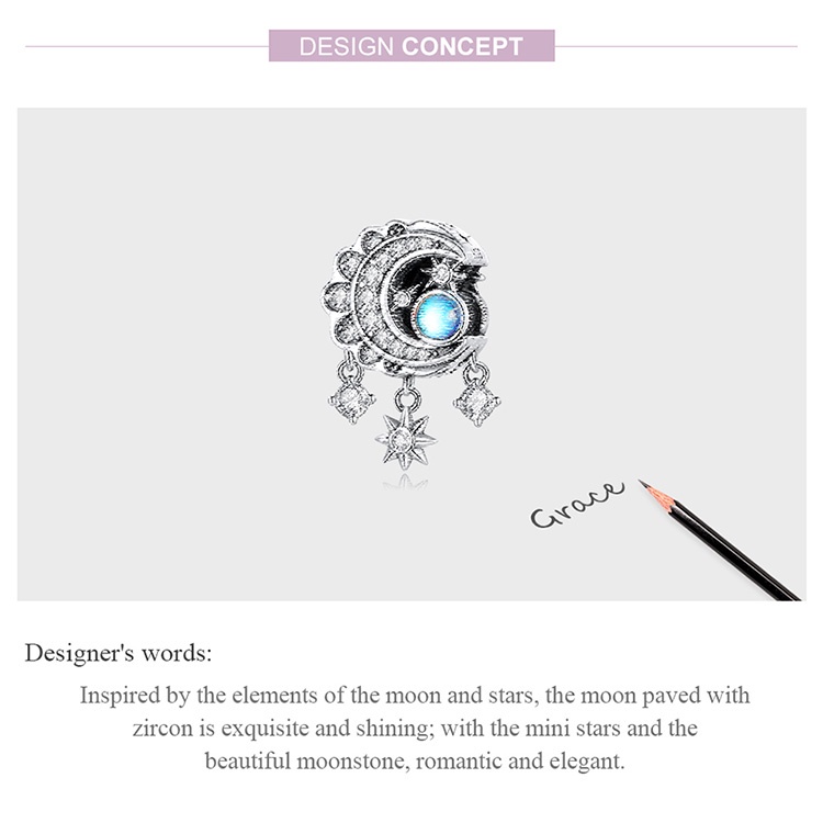 Phụ kiện trang sức Bamoer BSC598 hình ngôi sao và mặt trăng bằng bạc 925