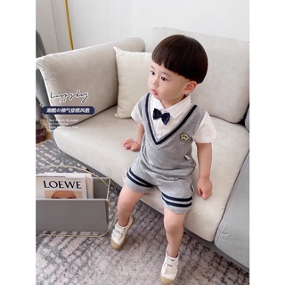 Bộ công tử bé trai, Set thun cotton gồm áo ngắn tay kiểu gilê cổ bẻ và quần short 2 vạch ngang cho bé 7-18 kg, DUCK381