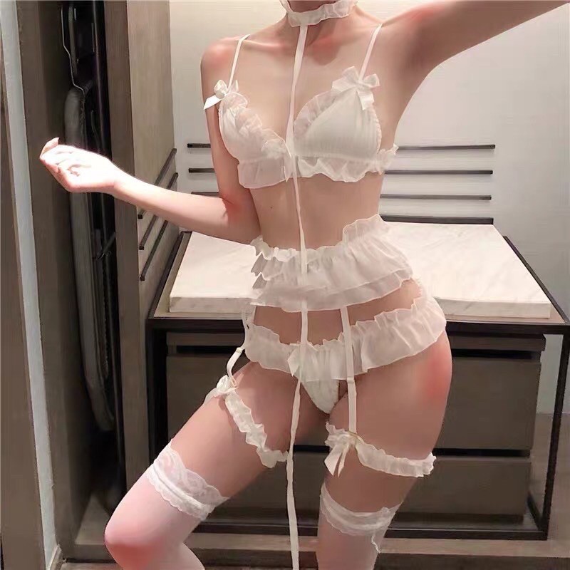 LL1009 Set 2 mảnh bikini bèo nơ kèm dây dắt cổ (Đen/Trắng/Hồng)