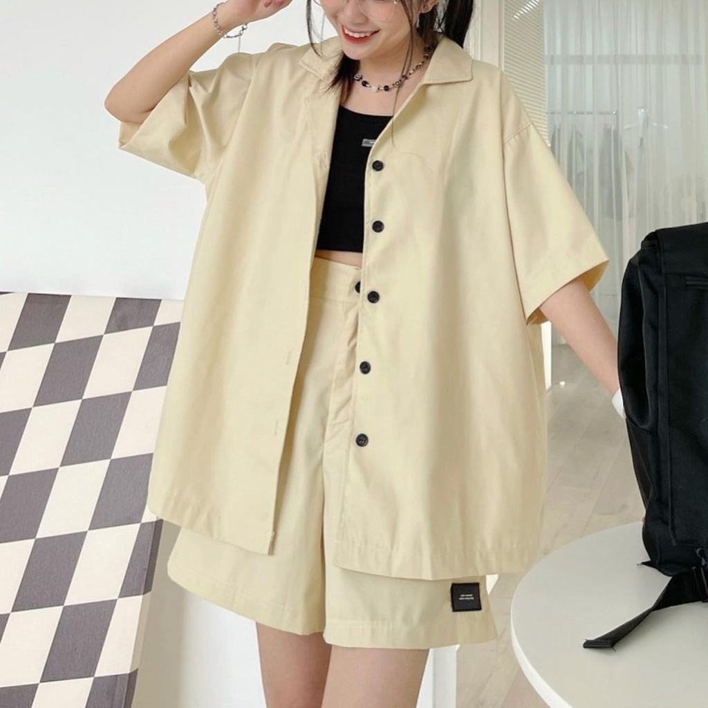Set Bộ Nữ Đi Chơi JEM CLOSET Sơ Mi Tay Ngắn Phối Quần Short Ống Rộng Lưng Cao PRIM 8142