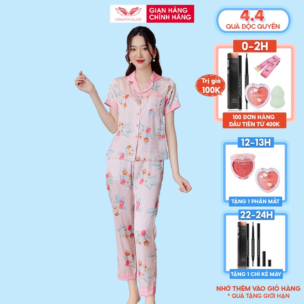 Đồ Bộ Ngủ Nữ Pijama Mặc Nhà VINGO Chất Liệu Lụa Pháp Cao Cấp Tay Cộc Quần Dài Họa Tiết Hoa Hồng Thanh Lịch H524 VNGO