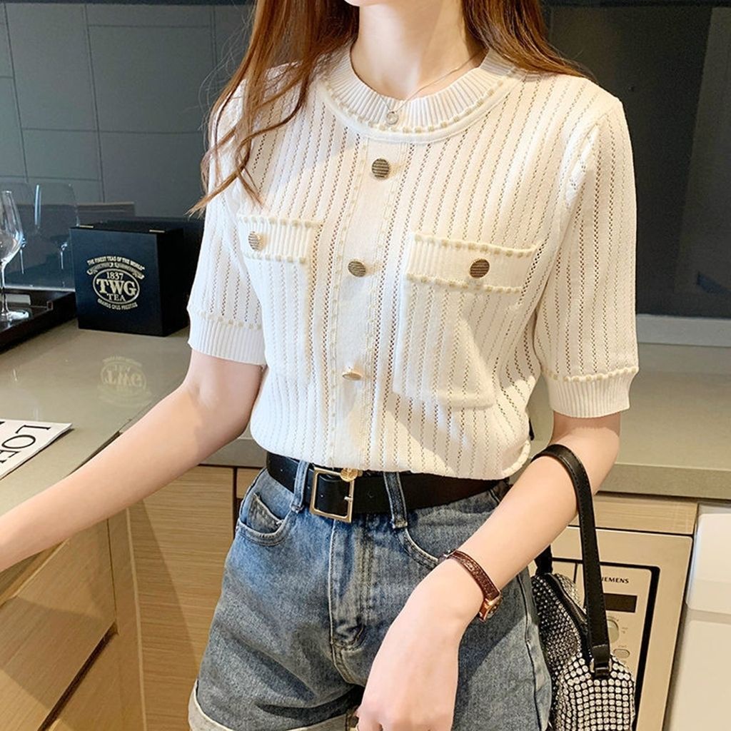 2022 new summer style Xiaoxiangfeng ice silk round-neck short-sleeved T-shirt sweater thin French style gentle style blouse