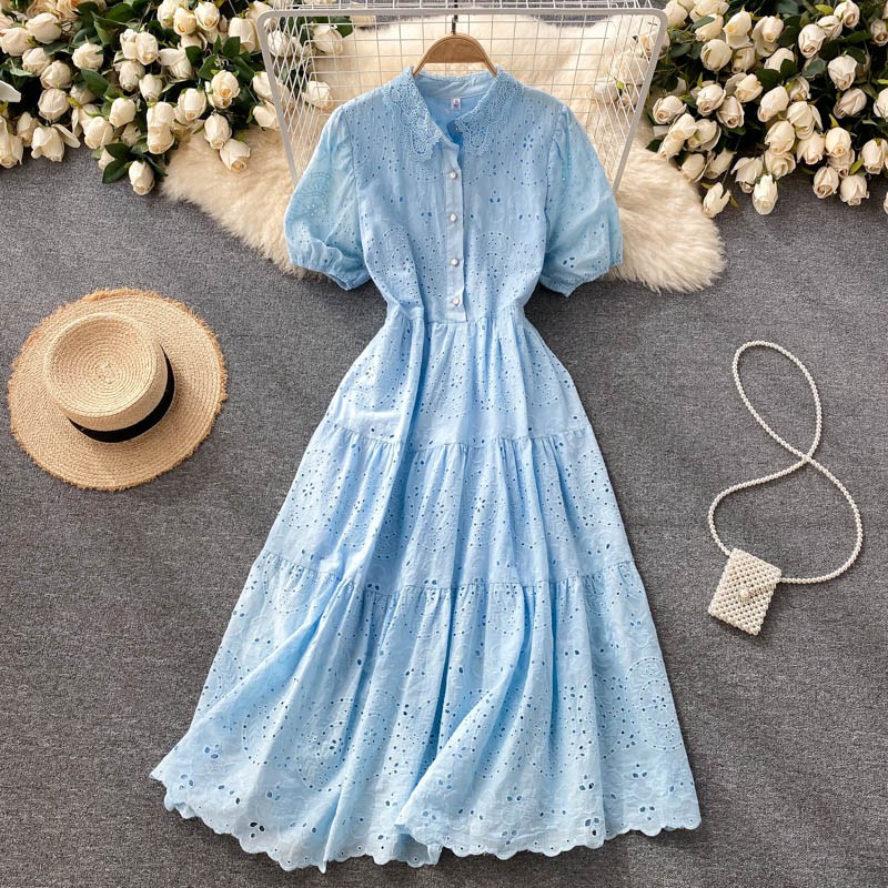Váy cổ Polo chất thêu hoa rỗng siêu mát  010621