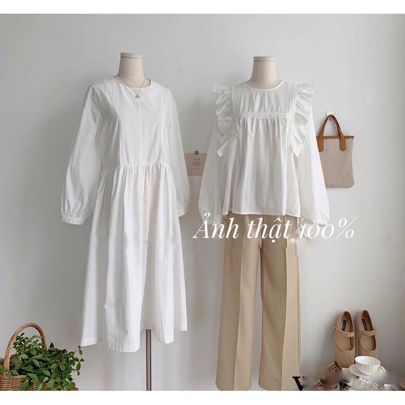 [Ảnh thật/Video] Áo babydoll bèo kiểu mới tay nơ phong cách ulzzang Áo sơ mi trắng
