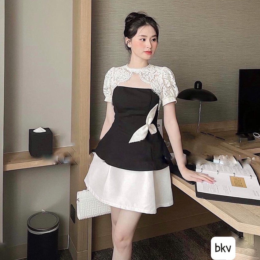 Sét áo ren họa tiết kết hợp với chân váy sang chảnh