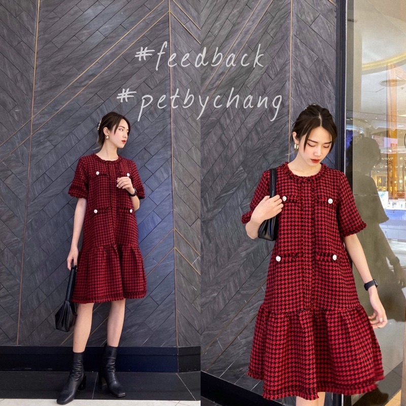 Đầm Dạ Tweed Đuôi Cá, Váy Dạ Tweed Hoạ Tiết Ziczac Vải Dạ Cao Cấp Có Ánh Nhũ Sang Trọng, Màu Đỏ Siêu Tôn Da