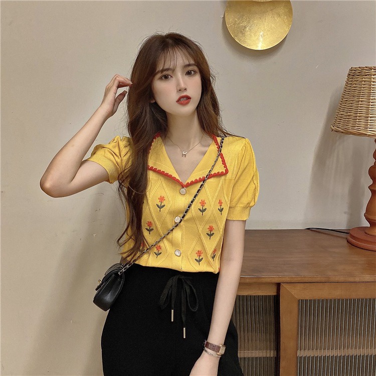 Áo thun polo ZHELIHANGFEI dệt kim tay ngắn thêu hoa phối ren dễ thương thời trang