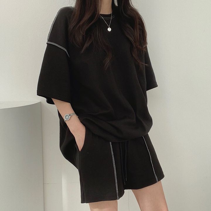 Bộ quần áo thể thao 100% cotton màu trơn dáng rộng phong cách hè 2021 cho nữ (có bán lẻ)