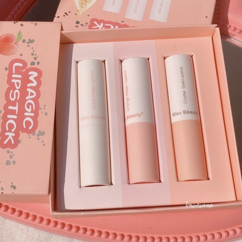 Set Son Dưỡng Hồng Môi 3 Cây KISS BEAUTY Dưỡng Ẩm Môi Căng Mọng Son Lót Làm Đầy Môi