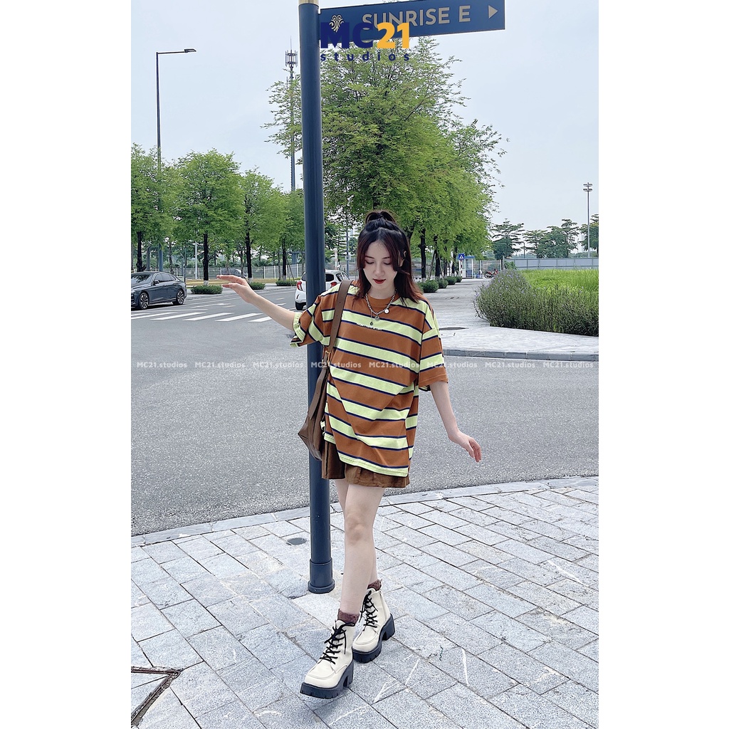 Áo thun kẻ tay lỡ MC21.STUDIOS tee Unisex nam nữ phông oversize form rộng pull Ulzzang Streetwear Hàn Quốc bigsize A3233