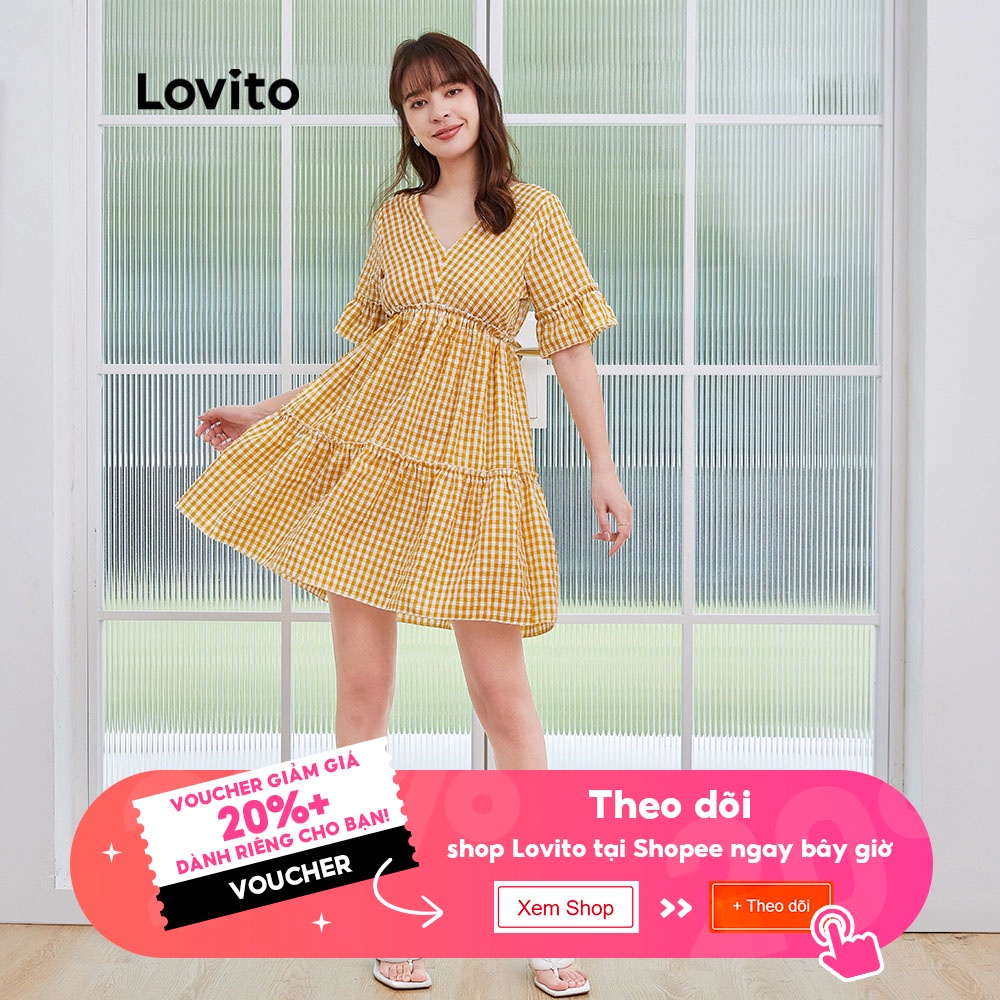 Đầm Ngắn Lovito Viền Xếp Nếp Dáng Rộng Cổ V Họa Tiết Sọc Caro Thường Ngày L04120 (Màu Vàng/Xanh Dương) | BigBuy360 - bigbuy360.vn