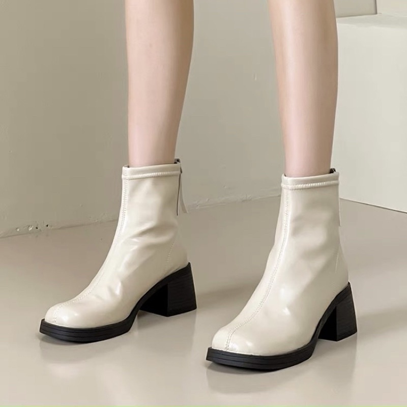Boots nữ cổ ngắn da mềm ôm chân gót vuông cao 5cm có khoá kéo