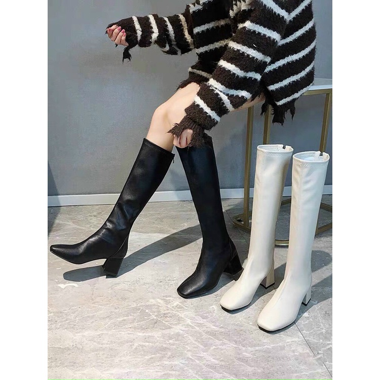 Bốt da mịn dáng dài dưới gối kẻ chỉ vát - 6P