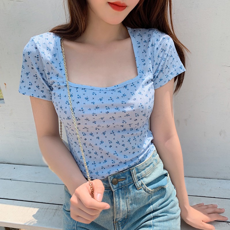 Áo Thun Croptop Ngắn Tay Cổ Vuông Form Ôm Thời Trang Cho Nữ