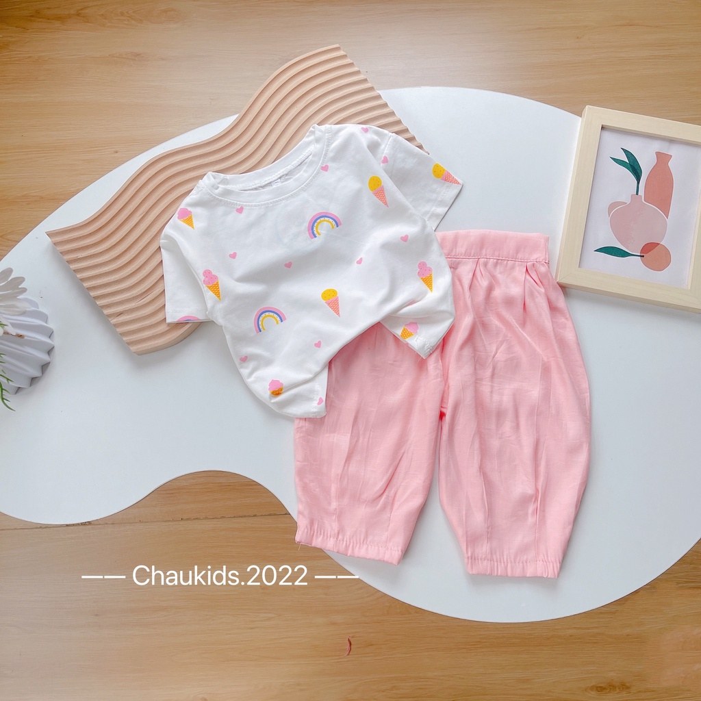 Set Áo Thun Cotton Tay Ngắn + Quần Hồng❤M0022❤Thời Trang Mùa Hè Hàn Quốc Cho Bé Gái