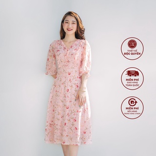 Đầm xòe voan hoa công sở thiết kế tim bèo tay bo hồng hoa - TTV945