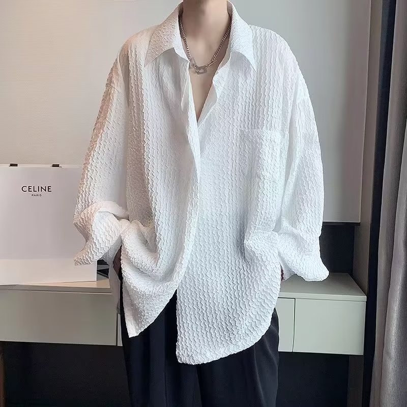 Áo sơ mi nam phong cách Hàn Quốc thời trang ve áo sơ mi nam nữ áo sơ mi Unisex đơn giản trơn đơn giản waffle áo sơ mi trắng nữ